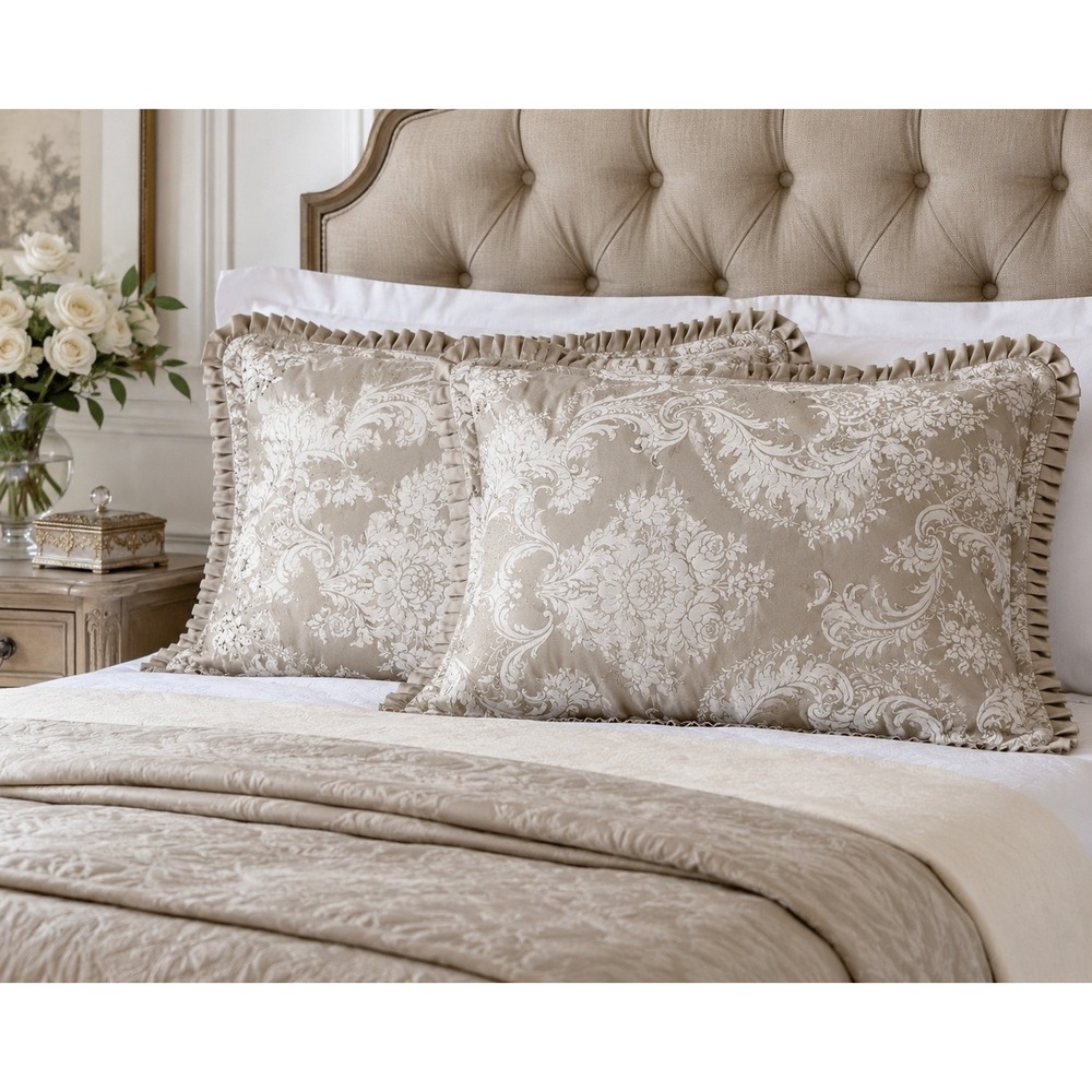 J‎ Queen New York King Sham Pair Taupe Ivory Damask Ruffle Padded Pillow Covers